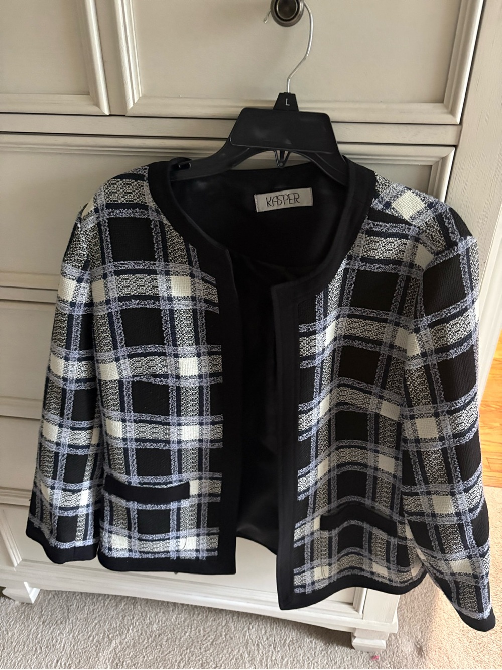 Kasper Black and White Plaid Collarless Jacket